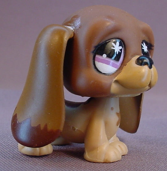 Littlest Pet Shop #665 Blemished Brown & Tan Basset Hound Puppy Dog With Fancy Purple Eyes With Stars, Mud Tipped Ears & Chest