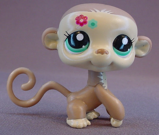 Littlest Pet Shop #2223 Light Brown & Tan Or Cream Monkey With Teal Blue Green Eyes & 2 Flowers On The Forehead, Zoo Adventure
