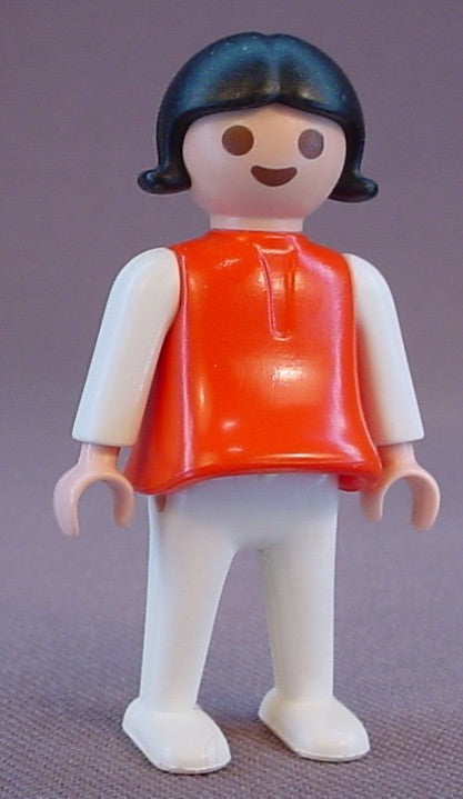 Playmobil Female Girl Child Classic Style Figure With A Red Torso And White Arms & Legs, Black Hair