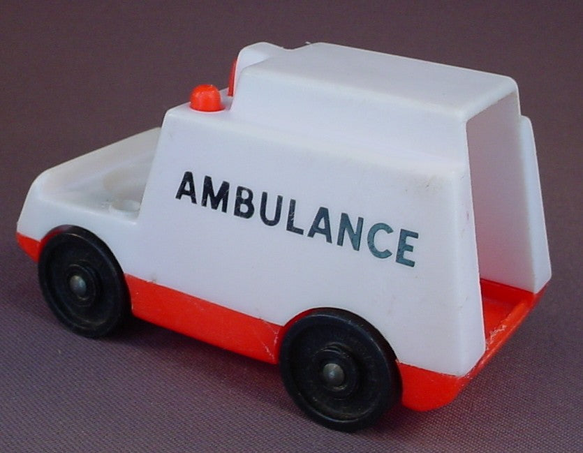 Fisher Price Vintage White Ambulance With A Red Base, "Fisher Price Toys" On The Wheels