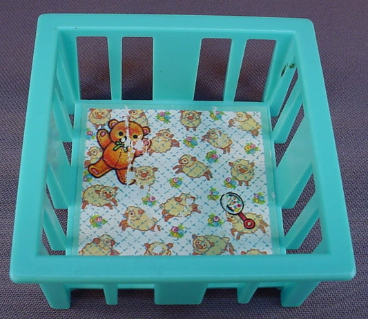 Fisher Price Vintage Turquoise Playpen Crib, 761 Play Family Nursery, 1972, Little People Lp