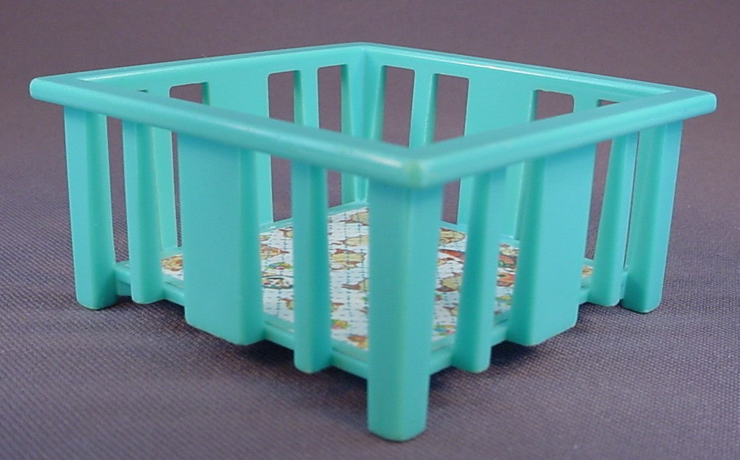 Fisher Price Vintage Turquoise Playpen Crib, 761 Play Family Nursery, 1972, Little People Lp