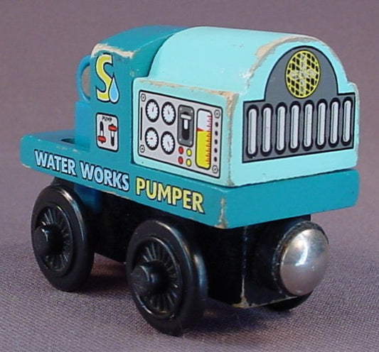 Thomas The Tank Engine Sodor Water Works Water Pumper Wooden Train Car With Magnets At Both Ends, From A Thomas & Friends Wooden Rail Line LC99190, Learning Curve, 2003 To 2005, The Pump Handle Moves Up And Down