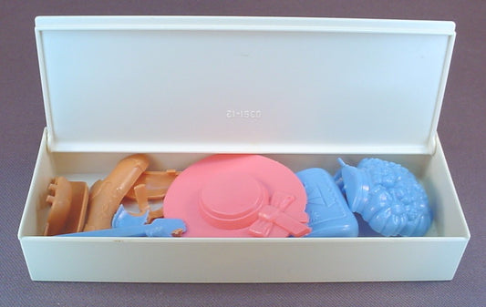 Vintage Tomy 1981 Flip And Fold Fashions Storage Box With 17 Accessories, The Accessories Clip Into A Base To Accessorize The Fashions Created