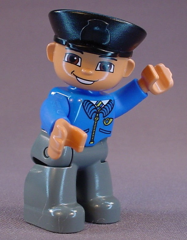 Lego Duplo 47394 Male Articulated Figure, Black Police Hat, Blue Jacket With Zipper And Logo Pattern, Gray Legs, Bends At The Waist, Legs And Head Move, Mail Horn Logo, Post Office