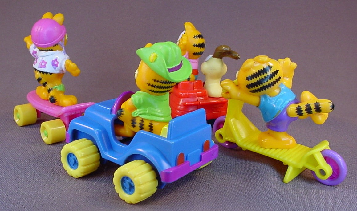 Garfield The Cat Complete Set Of 4 McDonalds Toys, The PVC Figures Are Removable From The Vehicles, Vintage, 1988 Or 1989