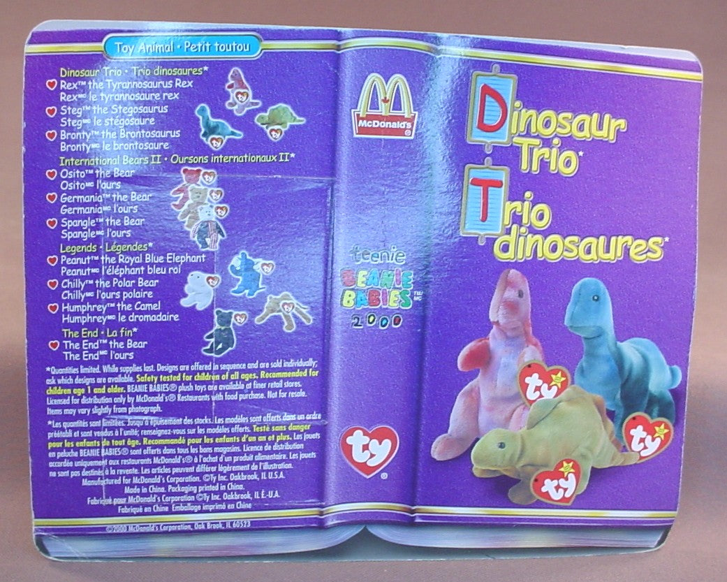 Ty Beanie Babies Rex The Tyrannosaurus Dinosaur In The Original Sealed Package, 2000 McDonalds, Dinosaur Trio