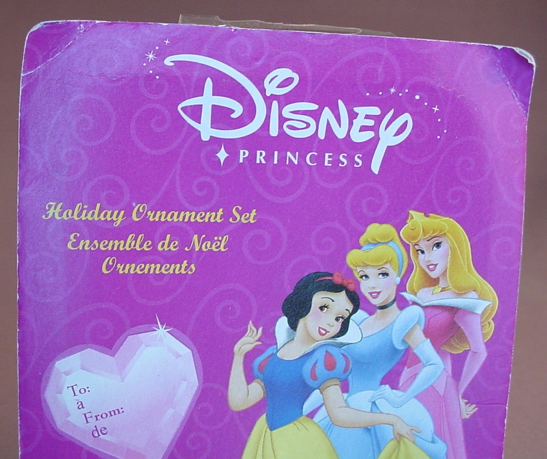 Disney Princesses Package Of 5 Figures Christmas Ornaments Or Decorations In The Original Sealed Package, Enesco, The Cardboard Corners Are Turned A Bit, The Figures Are 1 1/2 To 2 Inches Tall