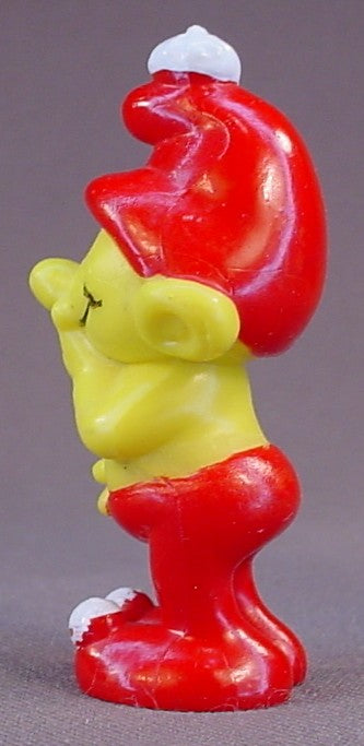 Gnome Family Yellow & Red Gnome With His Hands Over His Mouth PVC Figure, 2 1/2 Inches Tall, 1978 Empire, The Gnome Family Is Similar To Smurfs But Have Pom Poms On Their Shoes & Hats