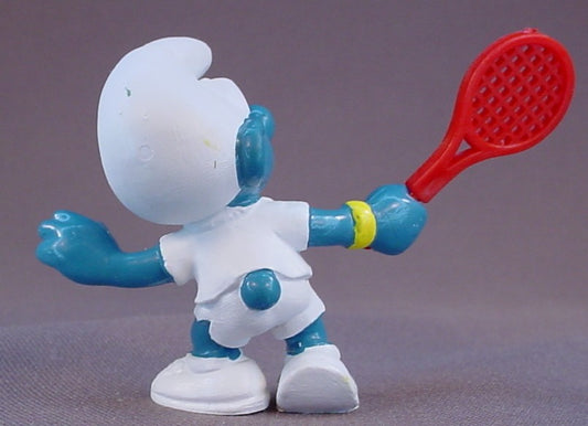 Smurf Tennis Player With A Red Racquet PVC Figure, #20049, 1979 Peyo Schleich, W. Germany, Smurfs, Vintage, Figurine