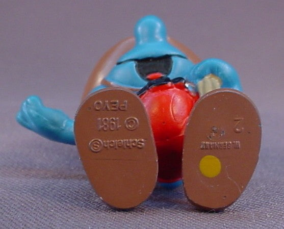 Cowboy Smurf With A Brown Hat & A Pistol PVC Figure, #20122, 1981 Peyo Schleich, W. Germany, Mustard Yellow Dot, Smurfs, Vintage, Figurine