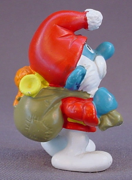 Papa Smurf As Santa Claus With A Sack Of Toys PVC Figure, #20124, 1981 Peyo Schleich, W. Germany, Mustard Yellow Dot, Smurfs, Vintage, Figurine