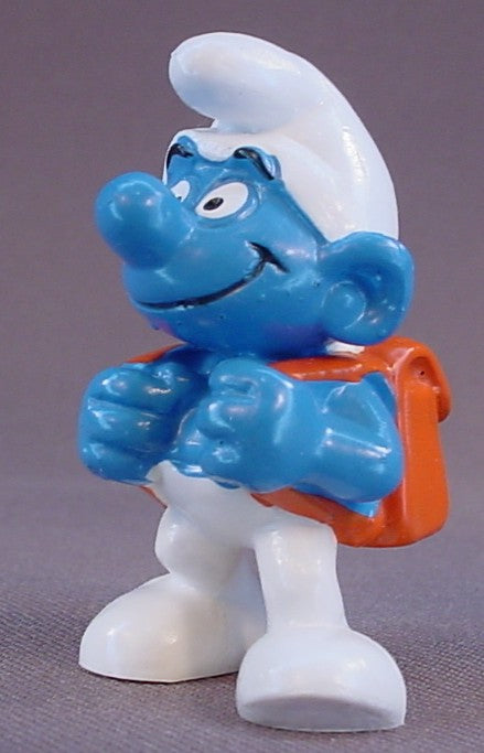 Pupil Smurf With An Orange Brown Backpack PVC Figure, Student, Rucksack, #20103, 1979 Peyo Schleich, Germany, Smurfs, Vintage, Figurine