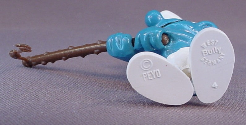 Fisherman Or Angler Smurf PVC Figure, Brown Fishing Pole Or Rod Version, #20101, 1980 Peyo Bully, West Germany, Smurfs, Vintage, Figurine
