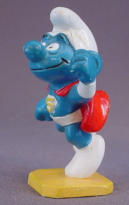 Smurf Smurferman Super Hero PVC Figure On A Yellow Base, #20119, 1980 Peyo Bully, West Germany, Smurfs, Vintage, Figurine