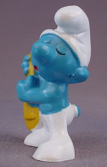 Smurf Playing A Tan Or Brown Lute PVC Figure, #20013, 1969 Peyo, Made In Portugal, Smurfs, Vintage, Figurine, Mustard Yellow Or Orange Dot