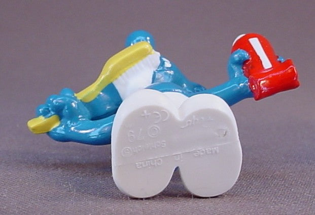 Smurf Brushing His Teeth PVC Figure, #20064, This Variation Has A Brighter Yellow Tooth Brush And A Toothpaste Tube With A Thin White Stripe, 1979 Peyo Schleich, Made In China, Smurfs, Vintage, Figurine