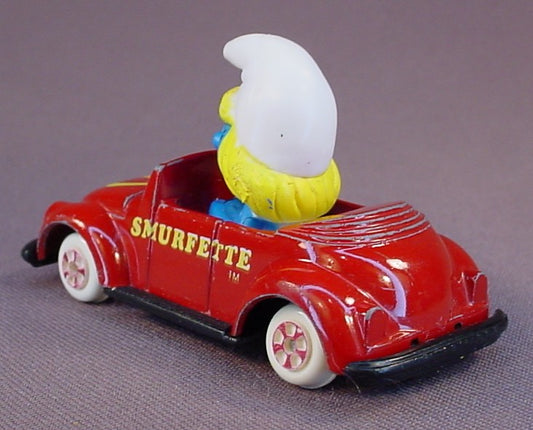 Smurfette Driving A Red Diecast Metal Convertible Car With A Butterfly Design, Rolls Straight, Smurfs, Vintage, Figurine, Die-Cast, 1983 The ERTL Co., Wallace Berrie & Co., Hong Kong