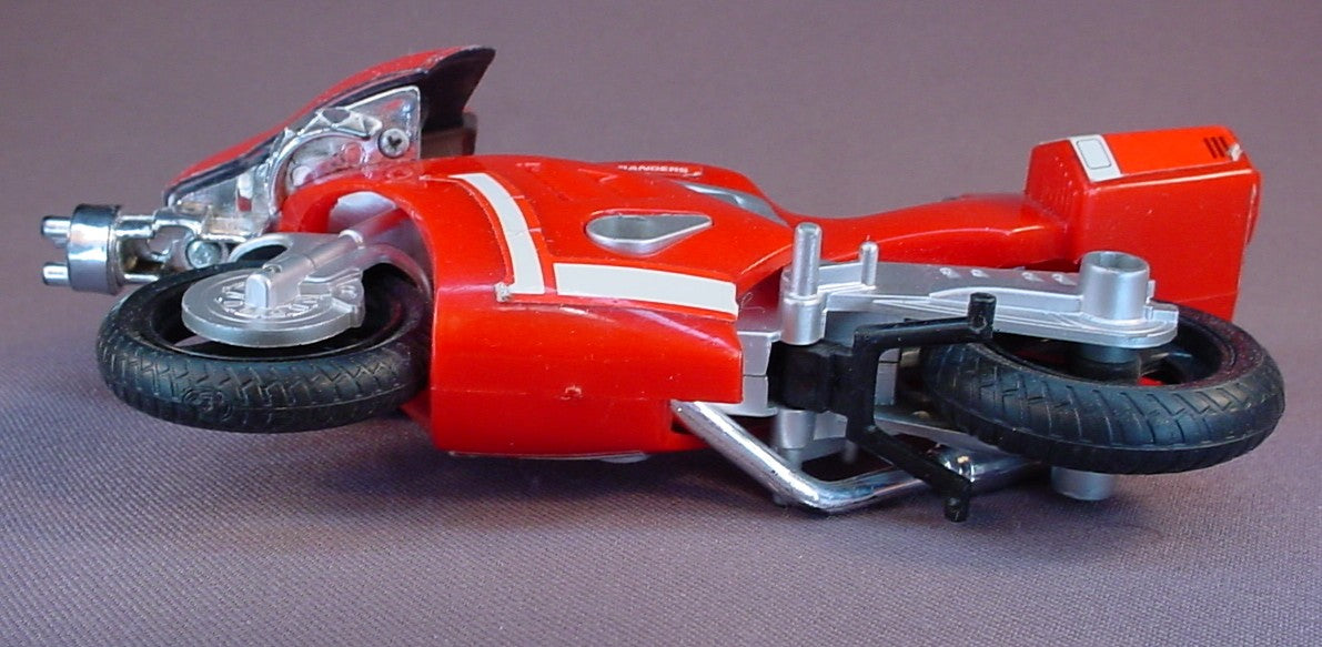 Power Rangers Red Ranger Motorcycle With The Kickstand, T-Rex Or Tyrannosaurus Rex Battle Bike, 6 3/4 Inches Long, Has Wear On One Side Of The Cowl, 1993 Bandai, Mighty Morphin Power Rangers, MMPR