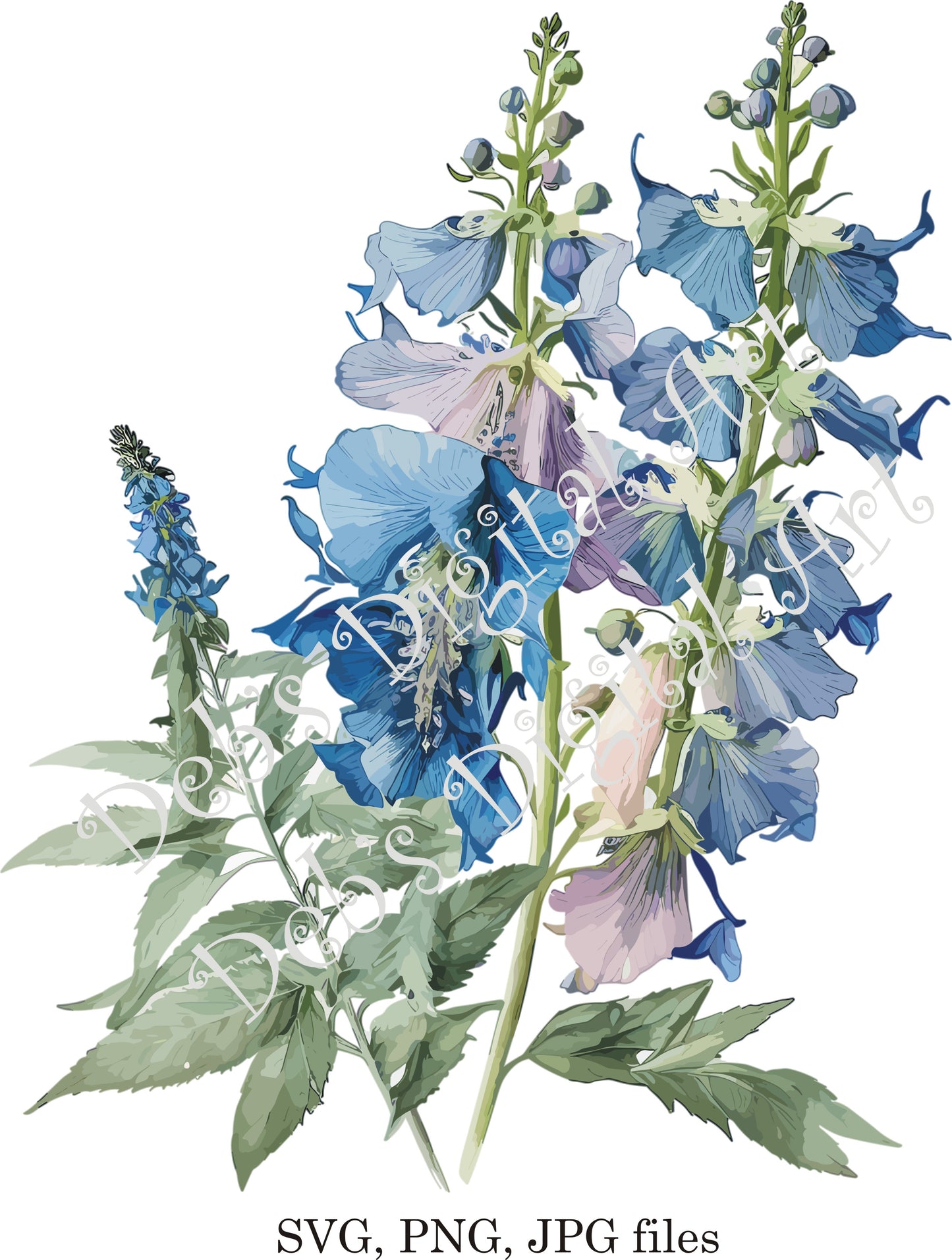 Watercolor botanical Delphinium Blue flower plant digital clipart, vector, png. jpg, jpeg, svg wall art, graphic