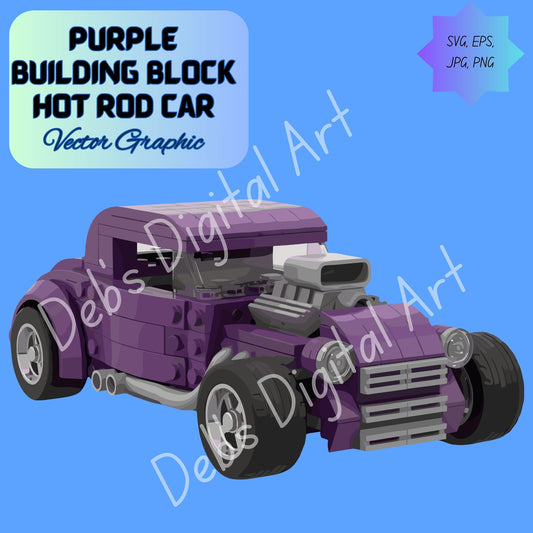 Purple Hot Rod Car Clipart,  Building Block Toy Style with Big Block Engine, SVG PNG EPS JPG,  Transparent 300 DPI Download