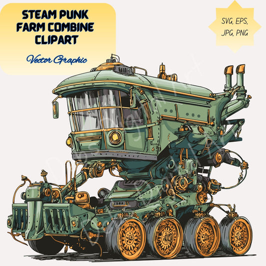 Steampunk Farm Combine Clipart: Green & Gold Fantasy Machine,  (Svg Png Eps Jpg), (Digital Download)