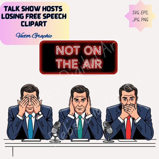 Clipart of Three Talk Show Hosts Losing Free Speech, (See No Evil, Hear No Evil, Speak No Evil), Censorship (Svg Png Eps Jpg)