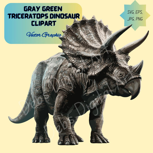 Gray Green Triceratops Dinosaur Clipart, Forward Facing Adult Dino Illustration, SVG PNG EPS JPG, 300 DPI Transparent Background