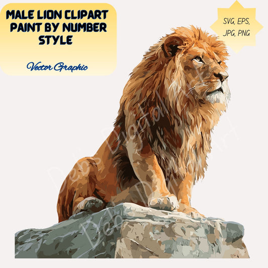 Regal Male Lion Clipart in a Paint by Number Style, Lion on Rock Illustration, (Svg Png Eps Jpg), (Digital Download), (Transparent Background)
