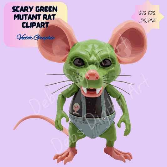 Scary Green Mutant Rat Clipart: Sewer Creature in Overalls Illustration, (Svg Png Eps Jpg), (Digital Download)