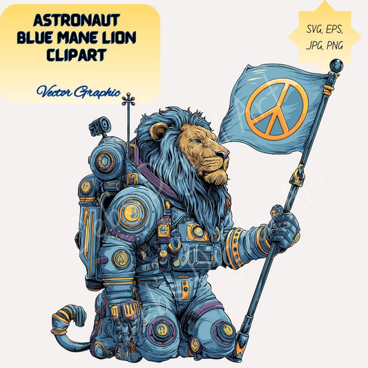 Astronaut Lion Clipart Blue Mane Space Suit Peace Flag (SVG PNG EPS JPG)