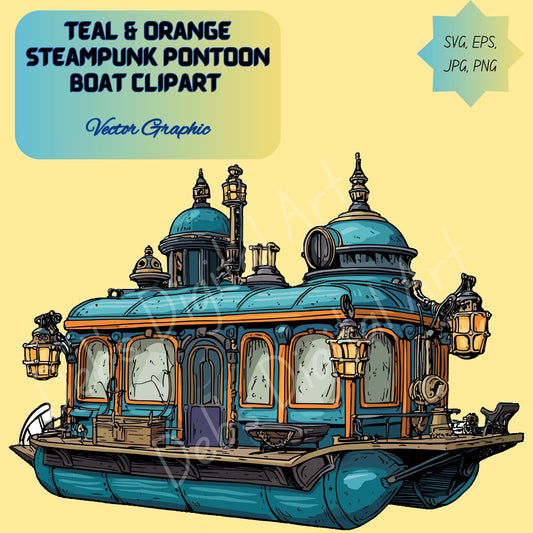 Teal & Orange Steampunk Pontoon Boat Clipart | Fantasy Digital Art