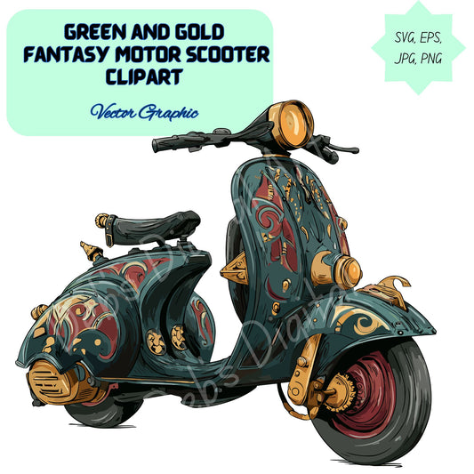Fantasy Motor Scooter Clipart: Retro Green and Gold, Whimsical Retro Scooter Illustration (Digital Download), (Svg Png Eps Jpg)