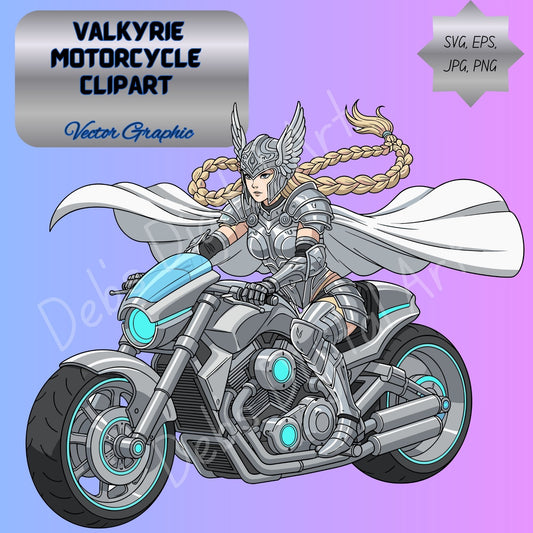 Valkyrie Motorcycle Clipart, Norse Viking Warrior on Bike, Fantasy Rider Illustration, SVG PNG EPS JPG 300 DPI Transparent Background