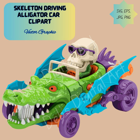 Fantasy Cute Scary Skeleton Driving Alligator Car with Bat Wing, Halloween Gothic Clipart, SVG PNG EPS JPG 300 DPI
