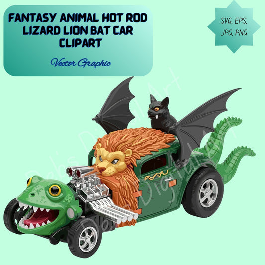 Fantasy Animal Hot Rod Clipart: Lizard Lion Bat Car with Engine, (Svg Png Eps Jpg) (Transparent Background 300 DPI)