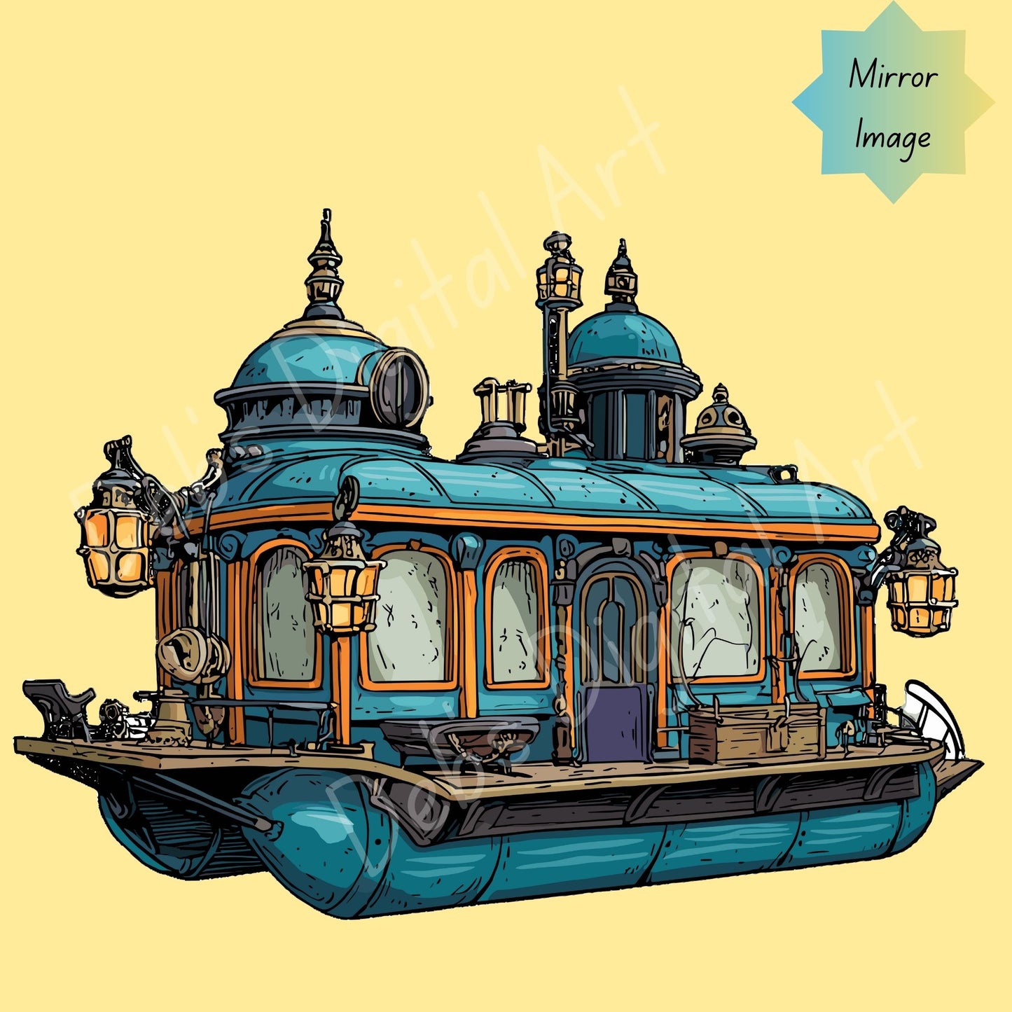 Teal & Orange Steampunk Pontoon Boat Clipart | Fantasy Digital Art