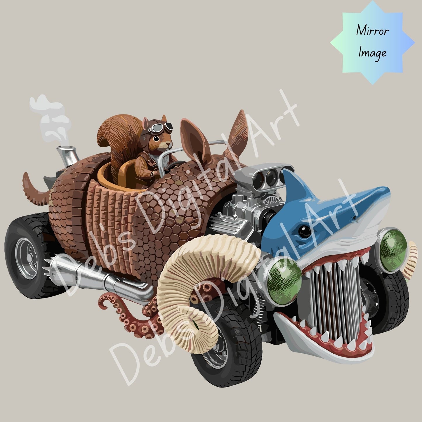 Quirky Squirrel Driving Animal Mash-Up Car | Cute Cartoon Digital Download | Armadillo Shark Octopus Ram Hot Rod