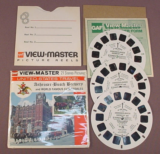 View-Master Set Of 3 Reels, Anheuser-Busch Brewery And World Famous Clydesdales, 1976 GAF, Viewmaster