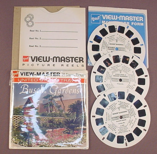 View-Master Set Of 3 Reels, Busch Gardens, U.S. Travel, A 988, A988, With The Packet Sleeve & Mail Order Form, GAF