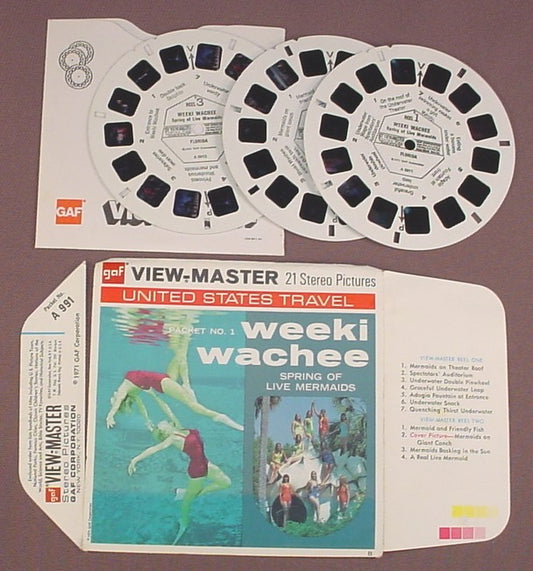 View-Master Set Of 3 Reels, Weeki Wachee Spring Of Live Mermaids, Florida, A 991, With The Incomplete Packet & The Sleeve, 1971