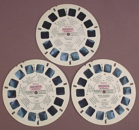 View-Master Set Of 3 Reels, Eskimos Of Alaska, A 102, A102, The Reel Titles Have Been Highlighted, Sawyer's