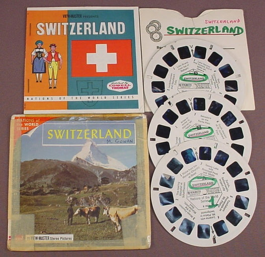 View-Master Set Of 3 Reels, Switzerland, B 185, B185, With An Incomplete & Taped Packet, Stapled Booklet, Sleeve