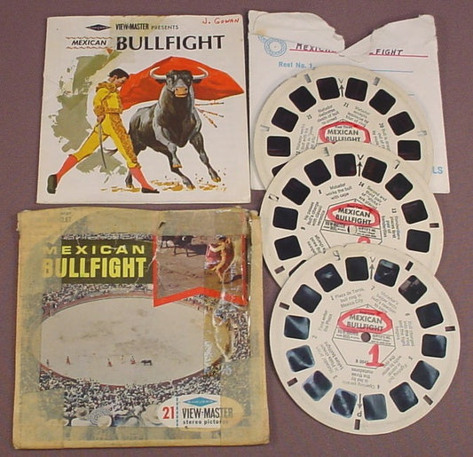 View-Master Set Of 3 Reels, Mexican Bullfight, B 004, B004, With An Incomplete & Taped Packet, Booklet, Sleeve