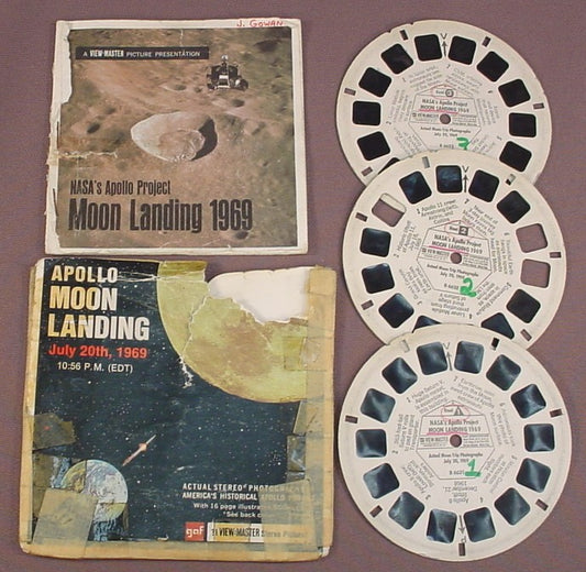 View-Master Set Of 3 Reels, Apollo Moon Landing 1969, B 663, B663, With An Incomplete & Taped Packet, Stapled Booklet