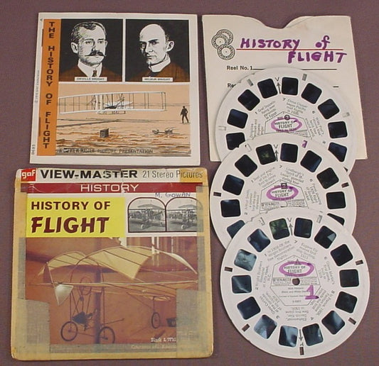 View-Master Set Of 3 Reels, History Of Flight, B 685, B685, With An Incomplete & Taped Packet, Stapled Booklet, Sleeve, GAF