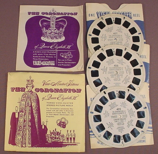 View-Master Set Of 3 Reels, The Coronation Of Queen Elizabeth II, 1953, 405 406 407, With The Packet, Booklet, Sawyer's