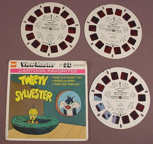 View-Master Set Of 3 Reels, Tweety And Sylvester, Cartoon Favorites, J 28, J28, With The Packet (No Top Flap), 1978