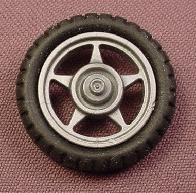 Playmobil Black Rubber Motorcycle Tire On A Silver Gray 5 Spoked Hub