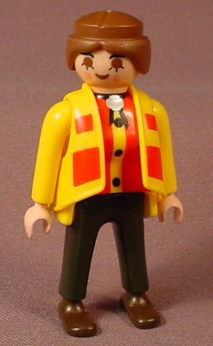 Playmobil Adult Female Figure In A Yellow Coat With Red Stripes